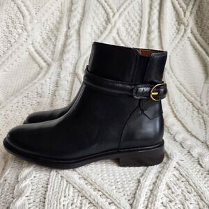 NEW Franco Sarto Black Supple Leather Ankle Boots Gold Buckle‎ Accent Size 5.5